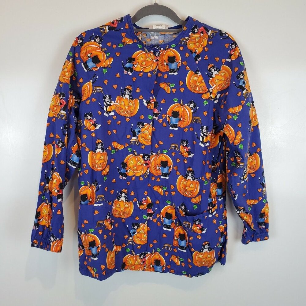 WS GEAR Scrub Top Dental medical Nurse Halloween Orange Purple Pumpkins Sz S